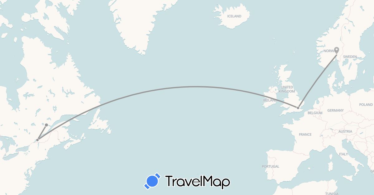 TravelMap itinerary: driving, plane in Canada, United Kingdom, Norway (Europe, North America)